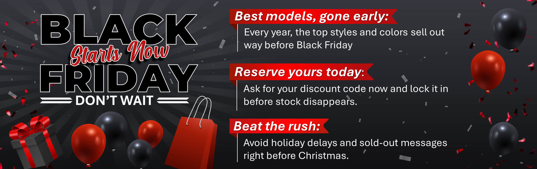 
        
          Black Friday promotional banner with balloons and text on a dark background
        
      