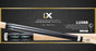 Two Lucasi Lux® LUX68 cues crossed, highlighting zero flex slim shafts on a dark background.