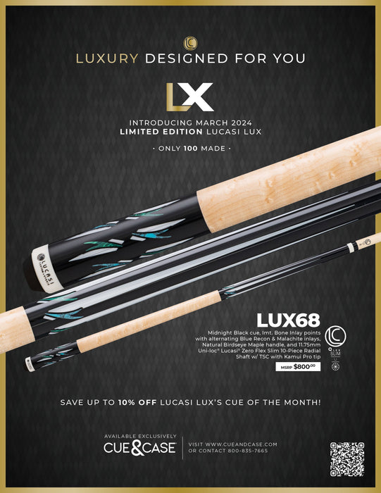 Lucasi Lux® LUX68 Cue by Lucasi, shown on a dark textured background.