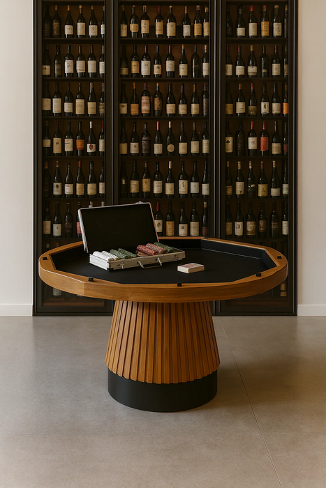Wooden table with card games and a black suitcase in front of a wine rack.