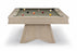 A modern pool table with a light oak wood frame and a dark green felt surface, shown on a clean white background with several billiard balls scattered on the table.