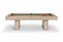A modern pool table with a light beige wood-grain frame and a sage green felt surface, shown on a clean white background with a few billiard balls on the table.