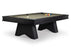 A black wood pool table with a light beige felt surface, featuring a white cue ball and a set of colorful billiard balls on the table, photographed on a clean white background.