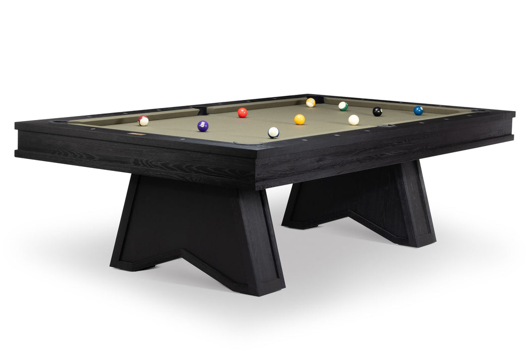 A modern pool table with a dark wood frame and angled legs, featuring a green felt surface with various colored billiard balls, shown on a white background.