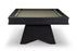 A modern black wood pool table with a beige felt playing surface, shown from a high angle on a white background.