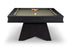 A modern pool table with a dark wood frame and base, olive green felt, and a racked set of billiard balls, shown on a white background.