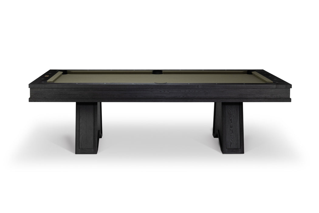 A modern pool table with a dark wood frame and a light beige felt surface, shown from a front-three-quarters angle on a white background.