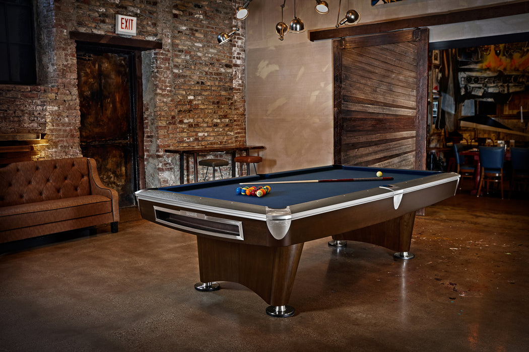 Brunswick Billiards Gold Crown VI 9' Slate Pool Table in Skyline Walnut/Espresso w/ Gully Return