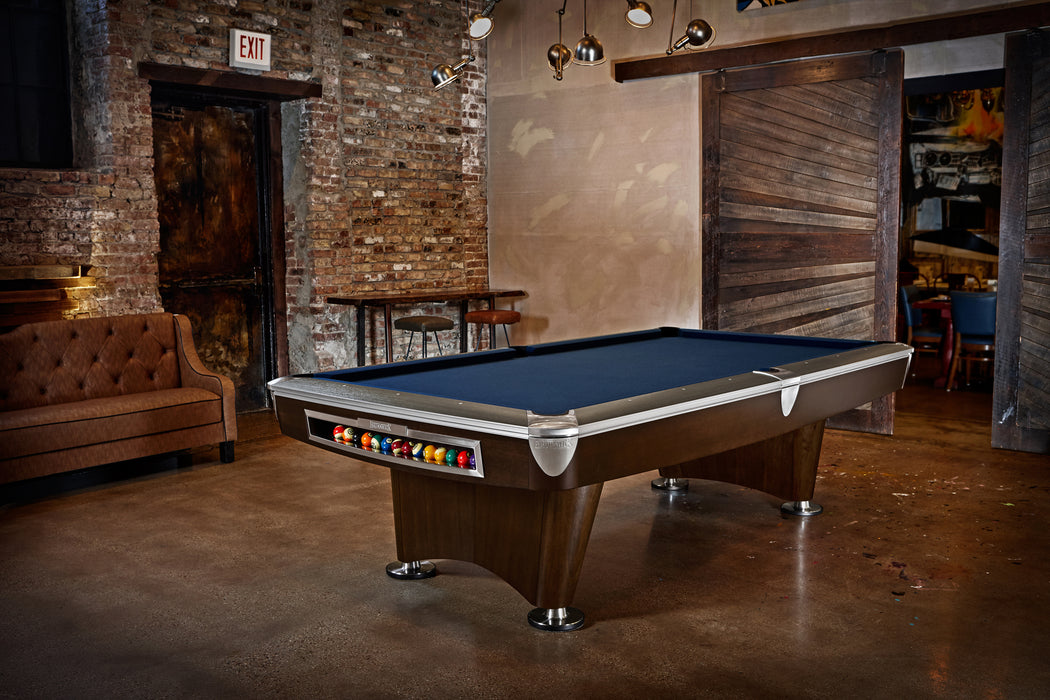 Brunswick Billiards Gold Crown VI 8' Slate Pool Table in Skyline Walnut/Espresso w/ Gully Return