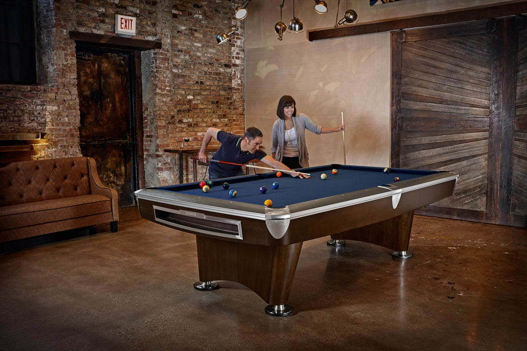 Brunswick Billiards Gold Crown VI 8' Slate Pool Table in Skyline Walnut/Espresso w/ Gully Return