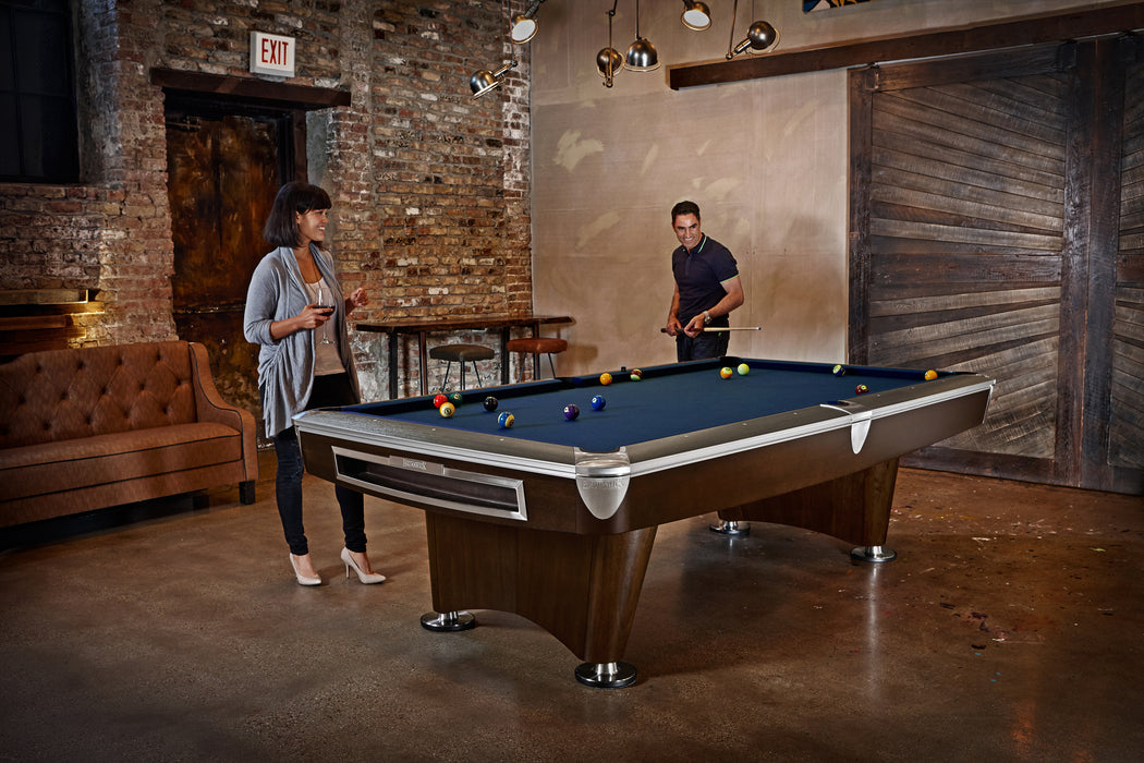 Brunswick Billiards Gold Crown VI 9' Slate Pool Table in Skyline Walnut/Espresso w/ Gully Return