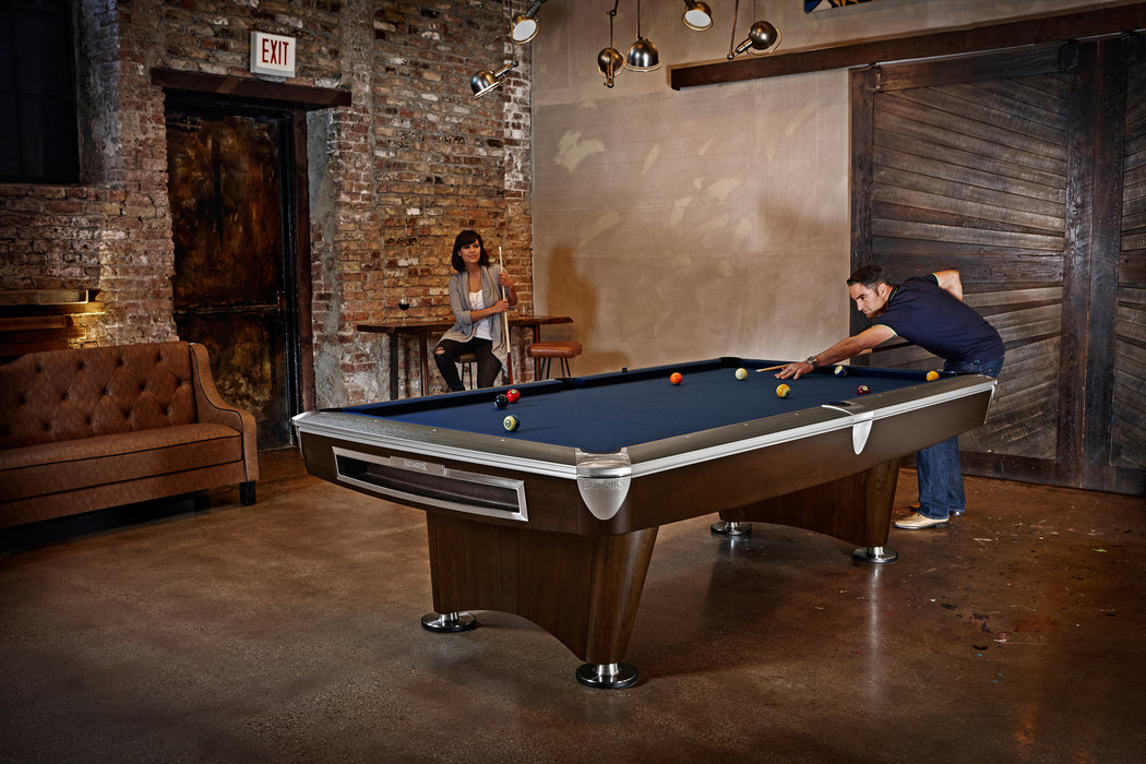 Brunswick Billiards Gold Crown VI 8' Slate Pool Table in Skyline Walnut/Espresso w/ Gully Return