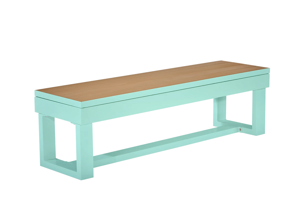 American Heritage Lanai Seafoam Teal Storage Bench Set of 2 with natural wood seats.