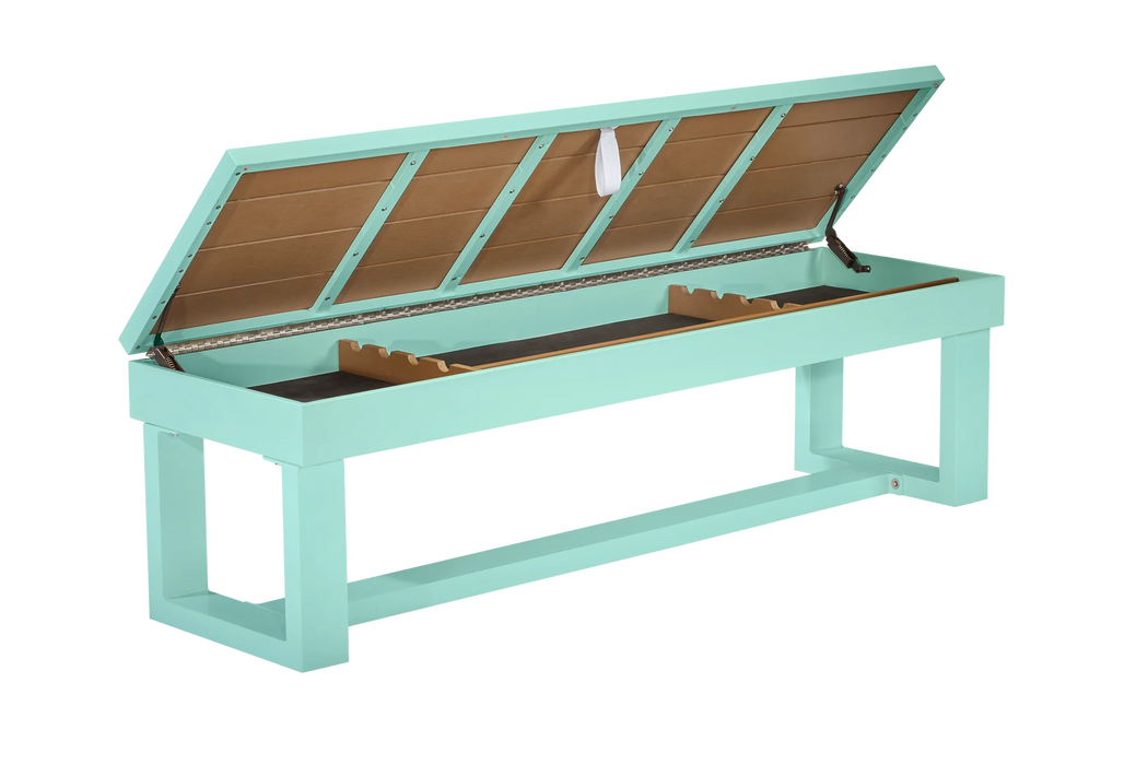 Set of 2 Seafoam Teal American Heritage benches with lift lids for storage compartments.