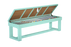 Set of 2 Seafoam Teal storage benches by American Heritage Billiards store cues and billiard balls.