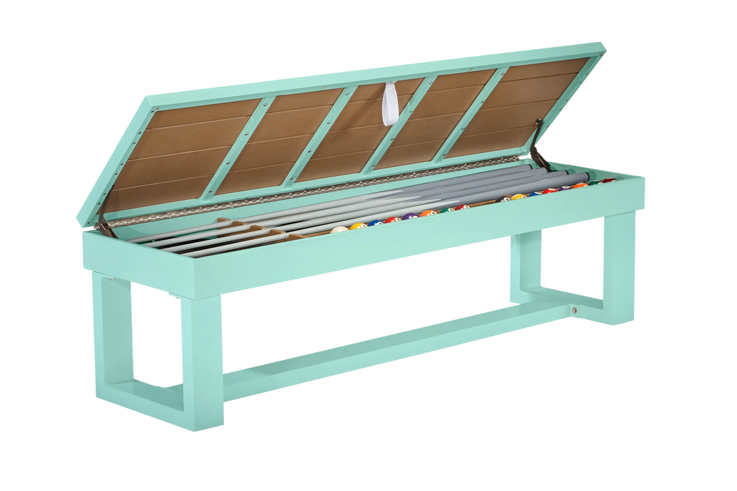 Set of 2 Seafoam Teal storage benches by American Heritage Billiards store cues and billiard balls.