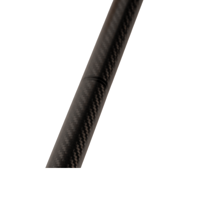 A close-up of a black carbon fiber rod or pole segment with a visible woven carbon pattern, isolated on a white background.