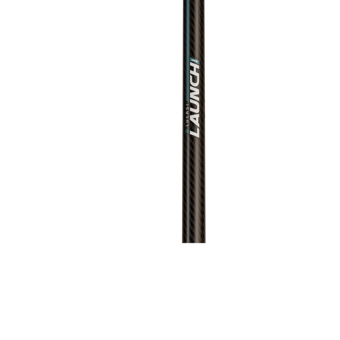 A close-up vertical view of a black carbon-fiber textured shaft with white and blue 'LAUNCH' branding on a plain white background.