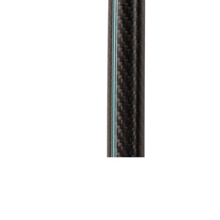 A close-up of a carbon fiber tube with a black and dark gray woven pattern and a thin light blue stripe running down the center, set against a solid white background.