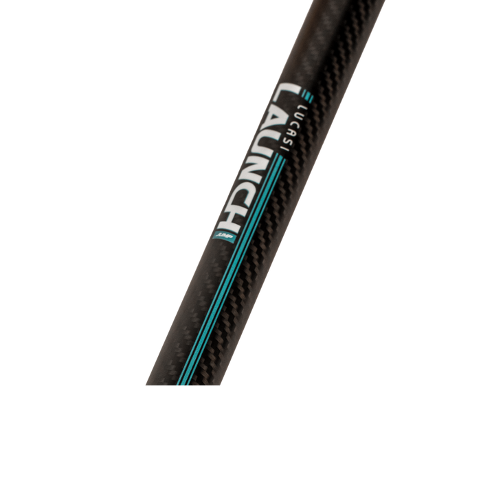 Close-up of a carbon fiber rod or shaft with a visible carbon weave pattern, featuring white and black LAUNCH branding with teal accent stripes on a plain white background.