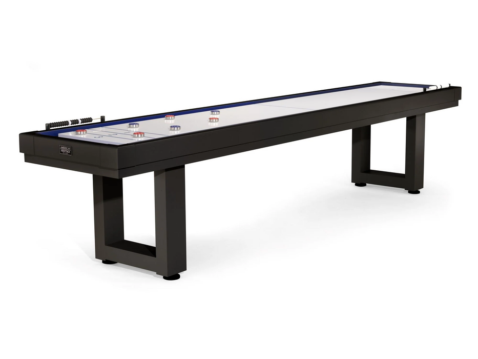American Heritage Lanai 9' Obsidian Black Outdoor Shuffleboard Table with pucks and abacus scorers.