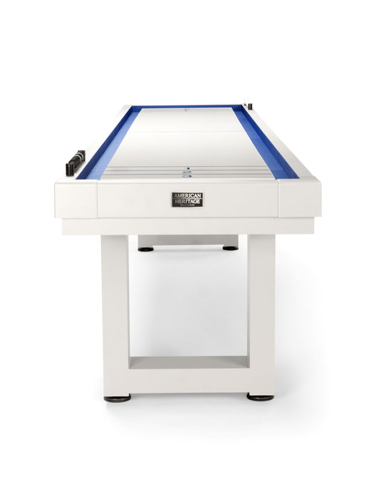 American Heritage Lanai 12' Pearl White Shuffleboard Table, all-weather aluminum, blue edges.