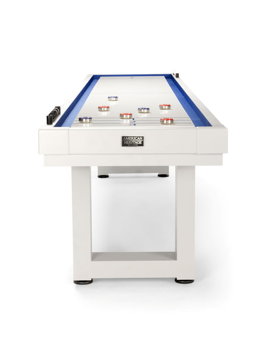 American Heritage Lanai 12' Pearl White shuffleboard table with pucks and scoreboard shown.