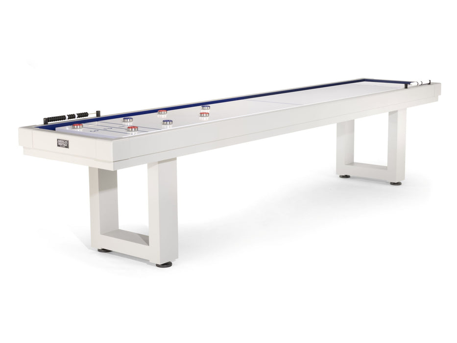 American Heritage Lanai 12' Pearl White shuffleboard table with metal legs and game pieces.