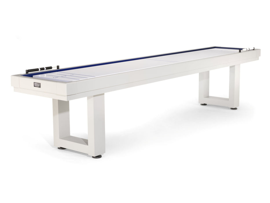 American Heritage Lanai 9' Pearl White Outdoor Shuffleboard Table with markers, seamless playfield.