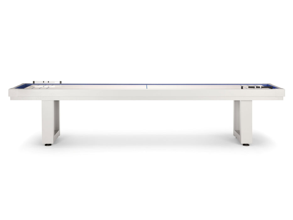 American Heritage Lanai 9' Outdoor Shuffleboard Table in Pearl White, all-weather aluminum frame.