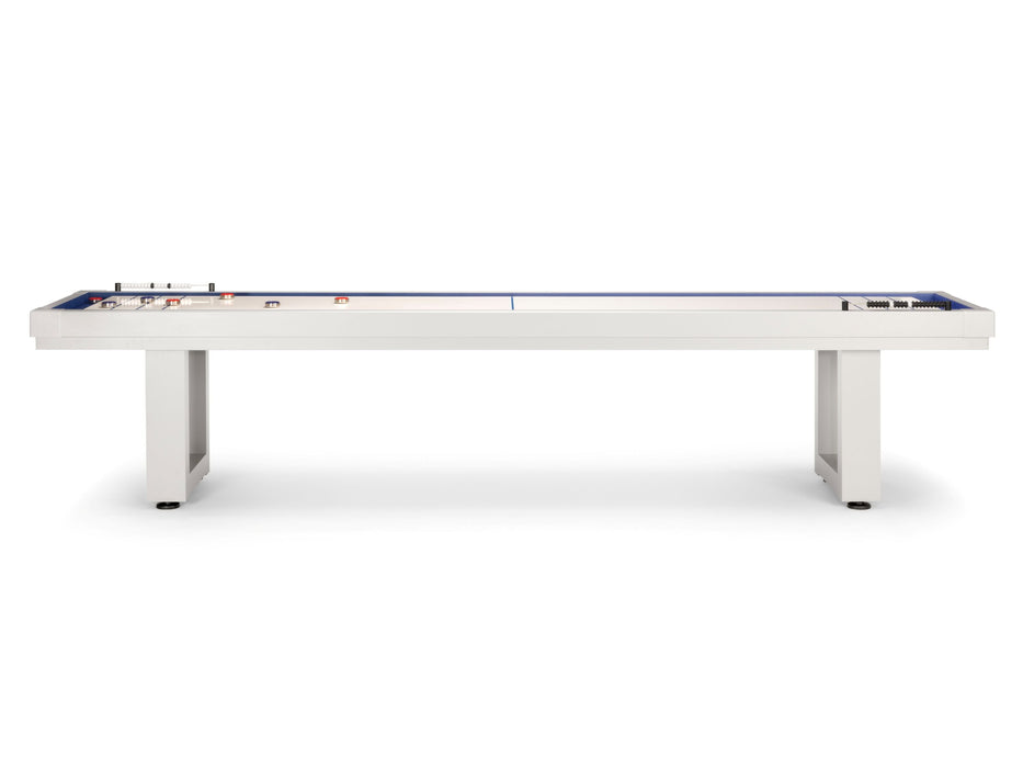 American Heritage Lanai 9' Outdoor Shuffleboard Table in Pearl White, all-weather design.