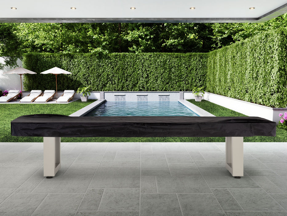A modern pool area with Oyster Grey lounge chairs and an American Heritage Lanai shuffleboard.