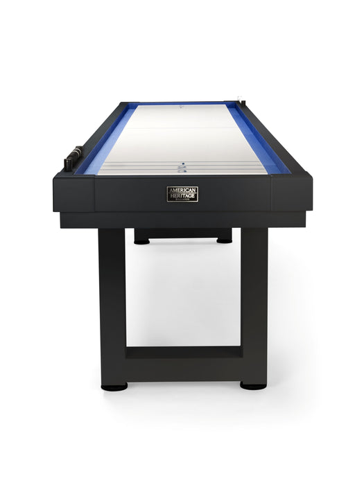 The American Heritage Lanai 9' Outdoor Shuffleboard Table in Obsidian Black is ideal for outdoor fun.