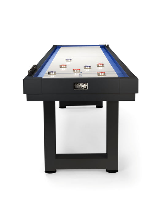 American Heritage Lanai 12' Outdoor Shuffleboard Table in Obsidian Black, all-weather aluminum.
