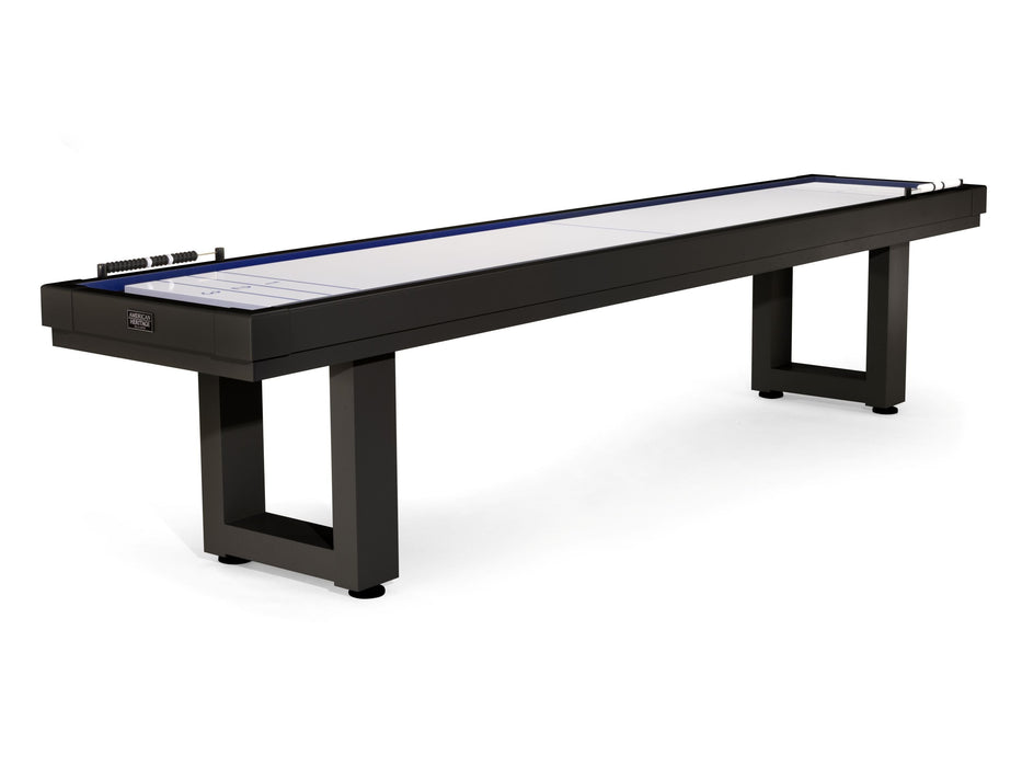 American Heritage Lanai 9' Outdoor Shuffleboard Table in Obsidian Black on white background.