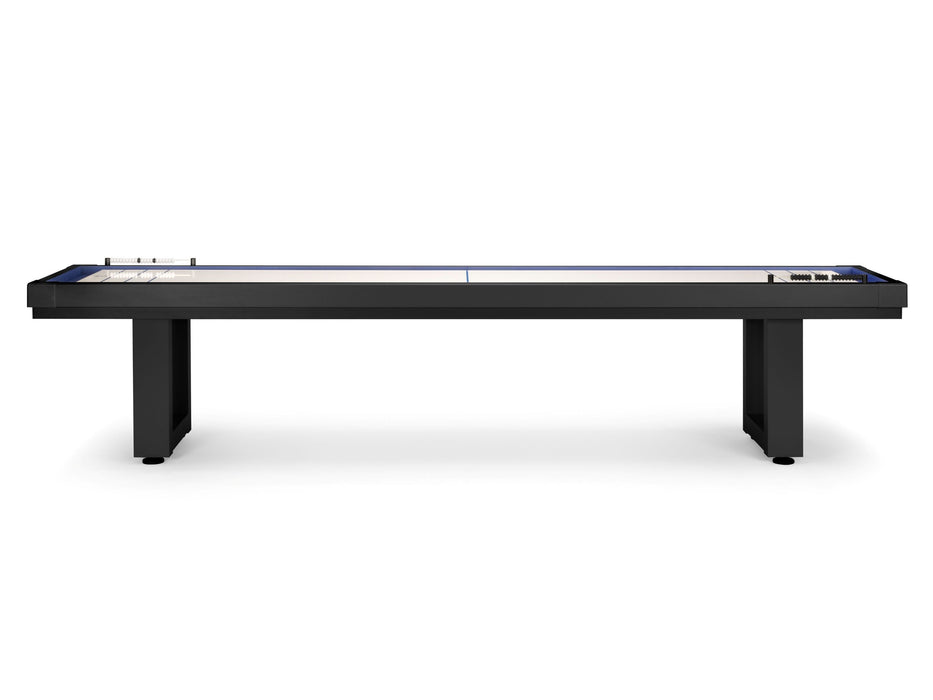 American Heritage Lanai 9' outdoor shuffleboard table in obsidian black, front view.