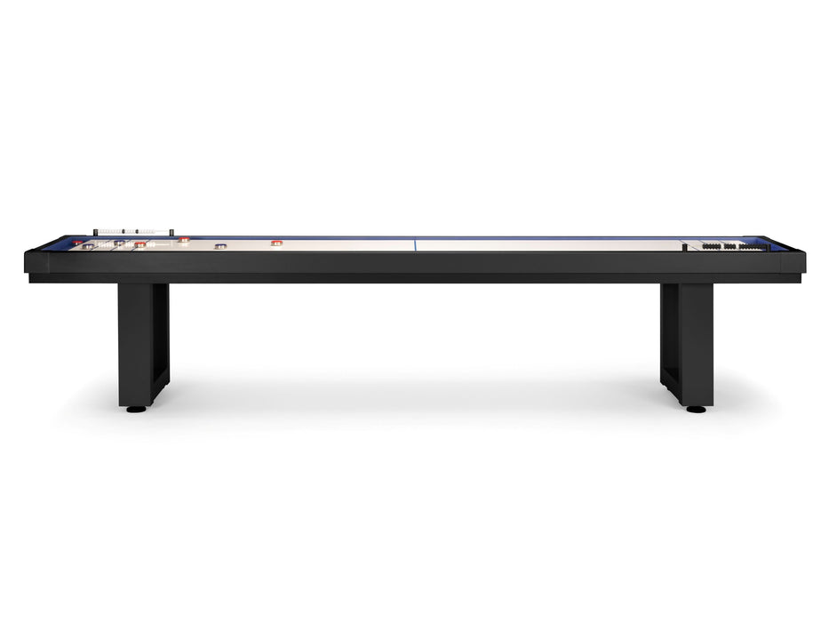 American Heritage Lanai 9' Outdoor Shuffleboard Table in Obsidian Black, front view with pucks.