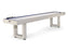 American Heritage Lanai 12' Outdoor Shuffleboard Table in Oyster Grey with blue trim.