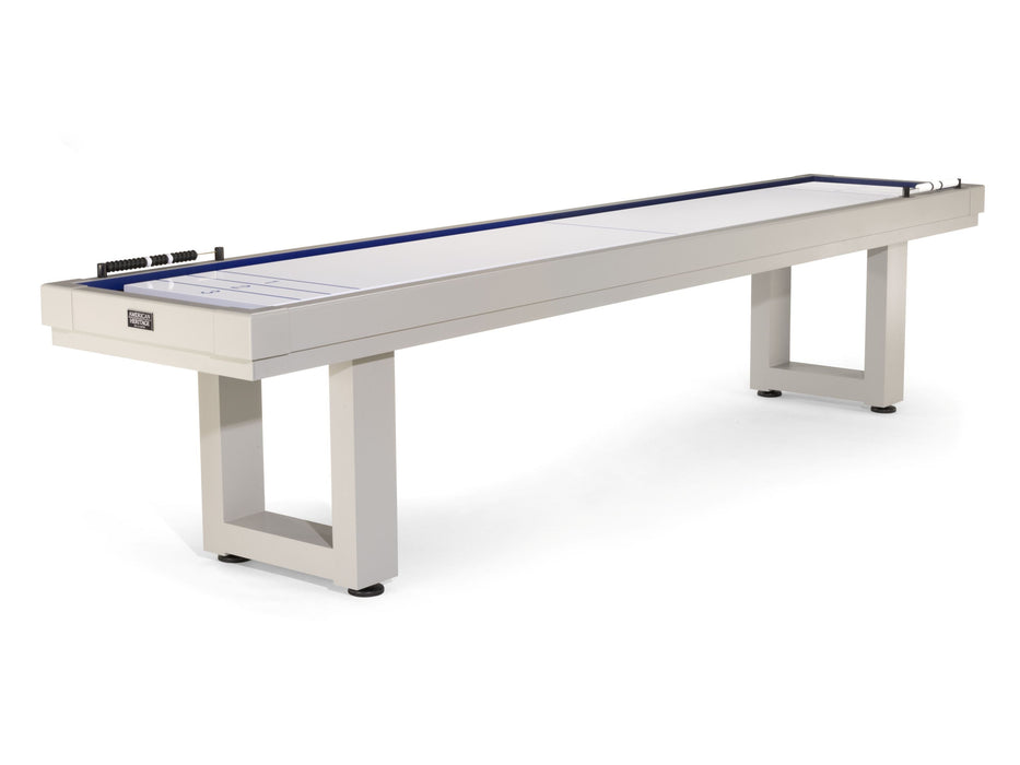 American Heritage Lanai 12' Outdoor Shuffleboard Table in Oyster Grey with blue trim.