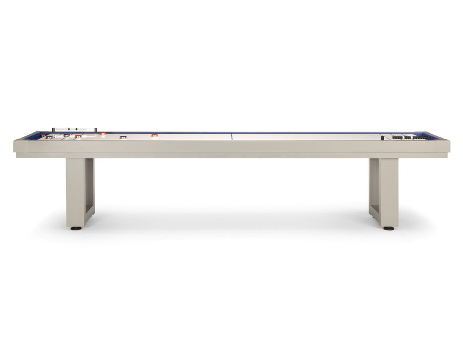 American Heritage Lanai 9' Outdoor Shuffleboard Table in Oyster Grey with all-weather legs.