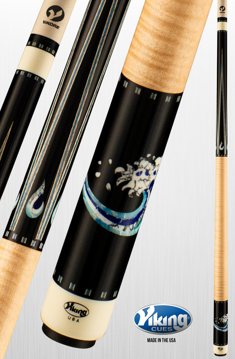 Pool cues with black and beige handles, featuring a visible brand logo on a light gray background.