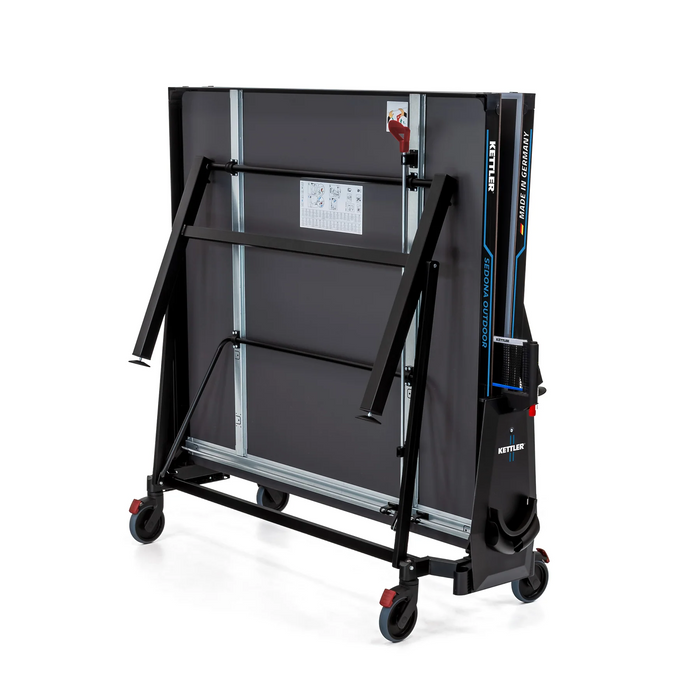 Kettler Sedona outdoor table tennis table in black/blue folds with wheels for storage and transport.