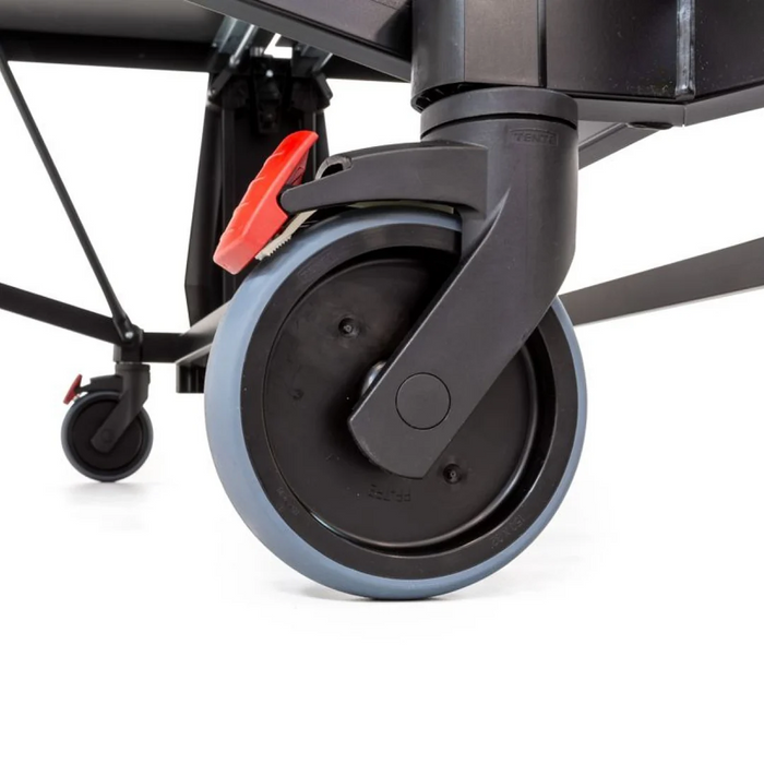 Close-up of a braked caster wheel on the Kettler Sedona Outdoor Table Tennis Table.