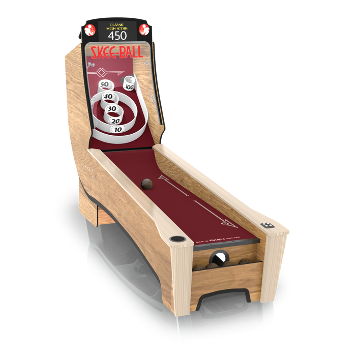 Wooden skeeball machine with maroon playing surface and digital display on a white background