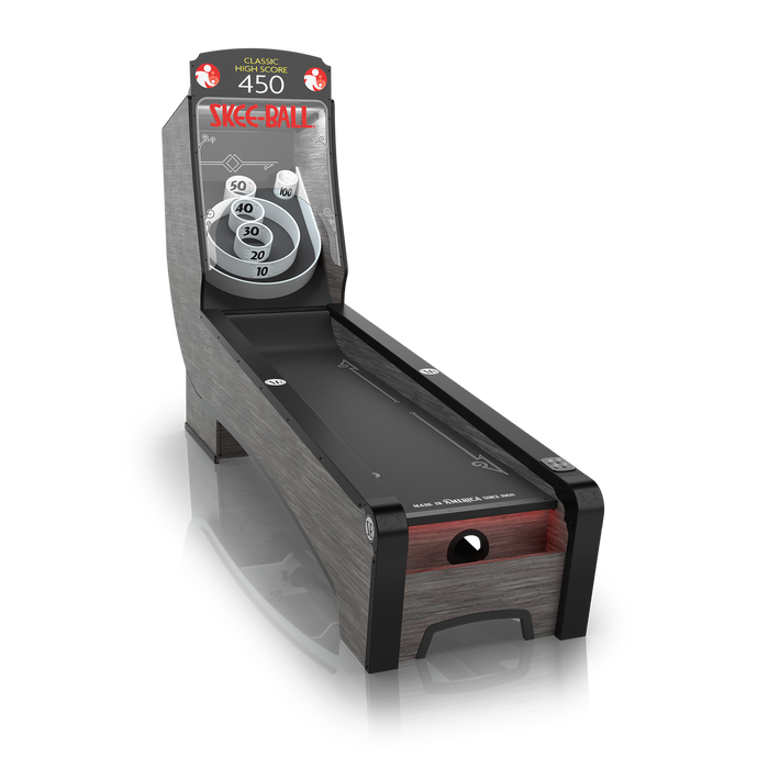Skee-Ball machine with digital display on a white background