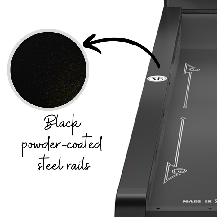 Black powder-coasted steel rails on skee ball machine.
