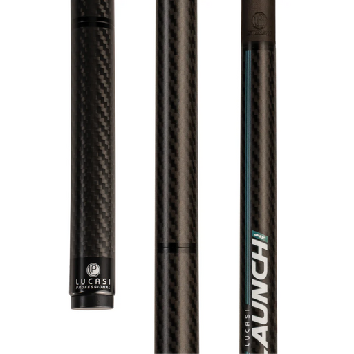close-up views of a black carbon-fiber cue shaft with the Lucasi Professional logo and the model name AUNCH.
