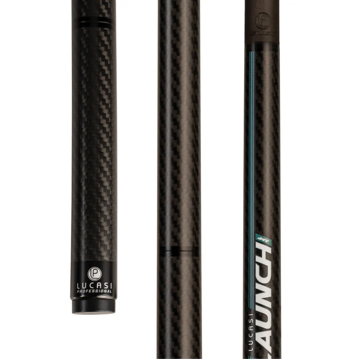 close-up views of a black carbon-fiber cue shaft with the Lucasi Professional logo and the model name AUNCH.