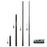 A product diagram showing four black Lancer 3-piece jump cues with labeled butt sizes, shaft lengths, and full length measurements on a white background, plus a Lancer logo in the lower right.