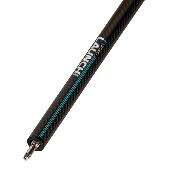 A close-up of a carbon fiber golf shaft with a visible weave pattern, featuring a teal stripe and white 'LAUNCH' branding, set against a plain white background.